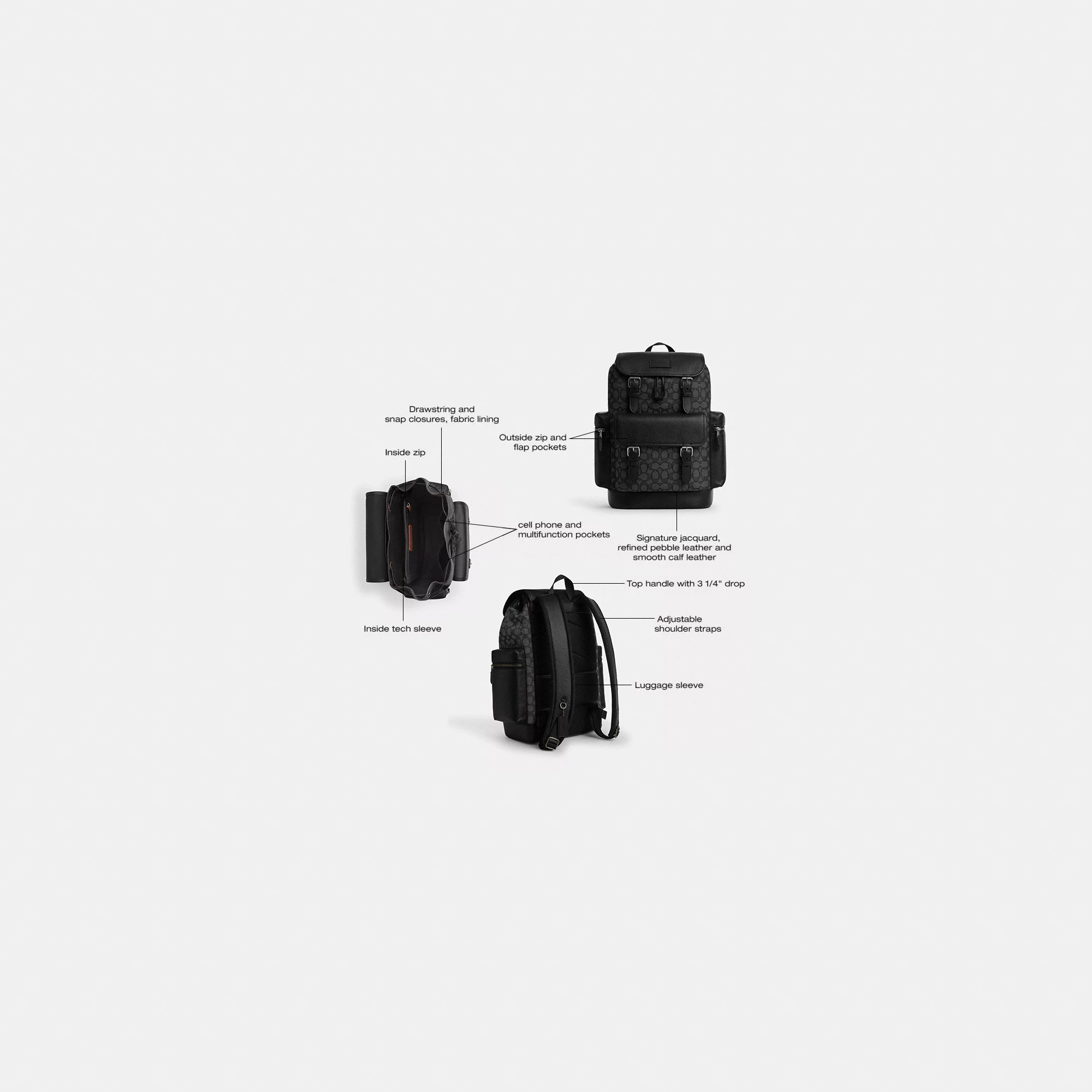 COACH®,Sprint Backpack In Signature Jacquard,Calfskin Leather,Canvas,Backpack,Adjustable,Casual,Black