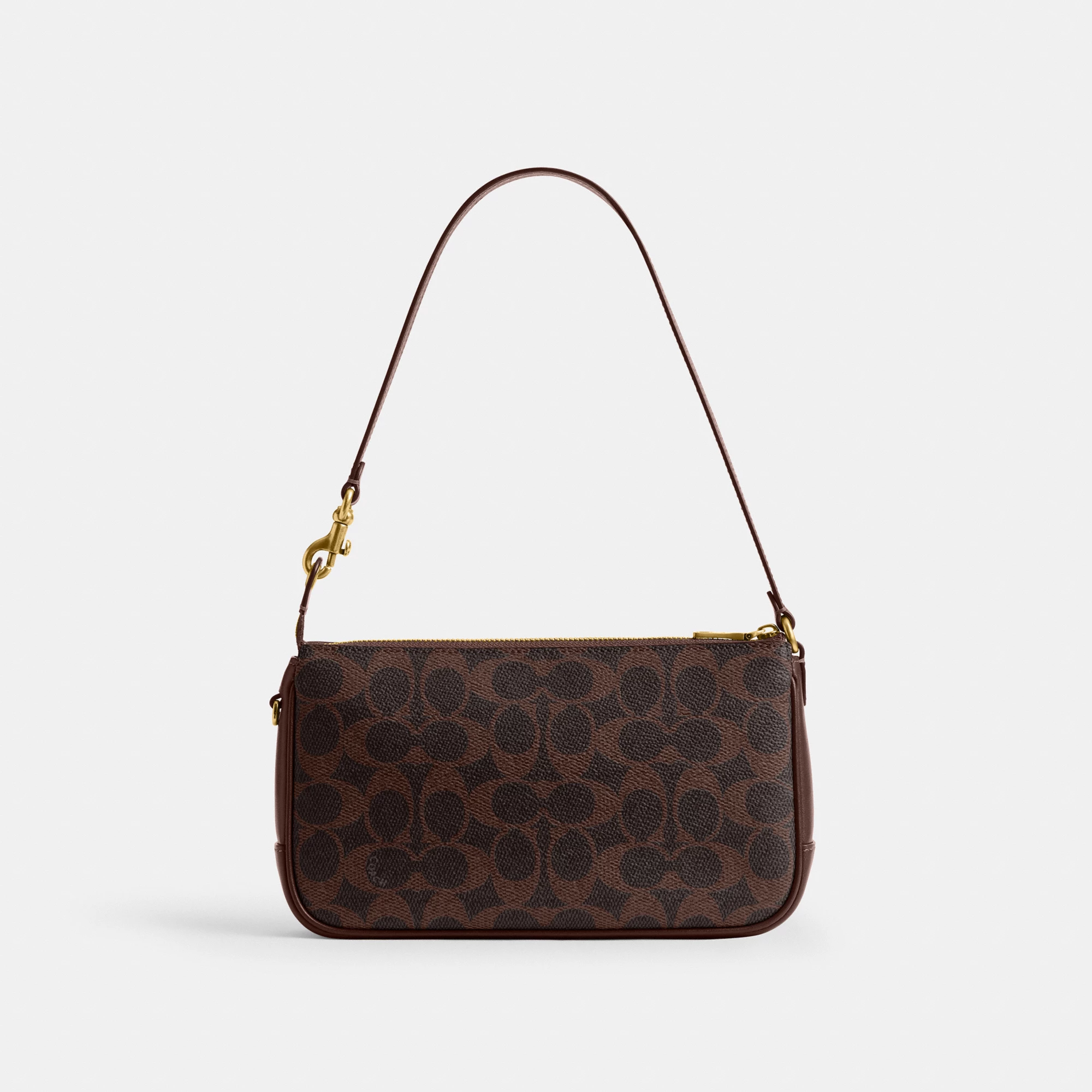 COACH®,Plaza Bag In Signature Canvas,Canvas,Wristlet,Shoulder Bag,Color Block,Pendant,Logo,Lined,Luggage Tag,Compact,Gold ...,Brown,Back View