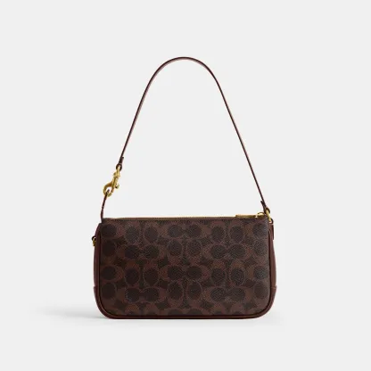 COACH®,Plaza Bag In Signature Canvas,Canvas,Wristlet,Shoulder Bag,Color Block,Pendant,Logo,Lined,Luggage Tag,Compact,Gold ...,Brown,Back View
