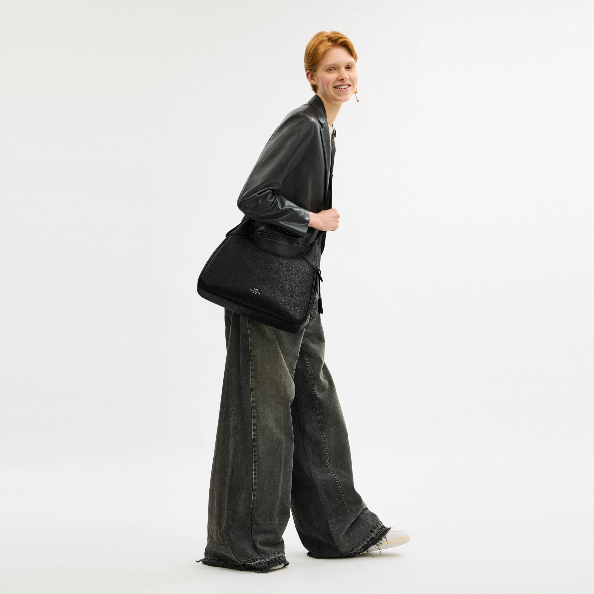 COACH®,Ella Shoulder Bag,Fabric,Leather,Hobo,Adjustable,Luggage Tag,Lined,Silver Metal,Casual,Black,Detail View
