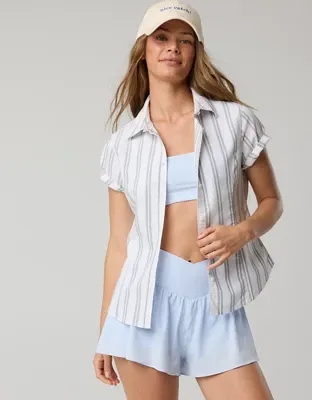 OFFLINE By Aerie Oxford Slim Short Sleeve Button Up Shirt - Hiker Olive