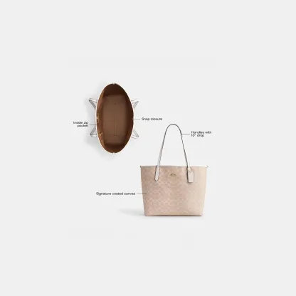 COACH®,City Tote Bag In Signature Canvas,Tote,Metal,Tag Embellishment,Color Block,Embossed,Piping,Logo,Casual,Beige