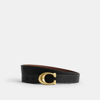 COACH®,Sculpted C Buckle Reversible Belt, 25 Mm,Leather,Standard,Metal Material,Logo,Reversible,Gold Metal,Casual,Black,Front View