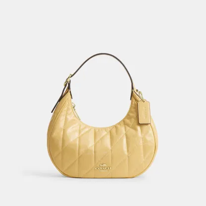 COACH®,Emily Shoulder Bag With Quilting,Recycled Polyester,Leather,Hobo,Pendant,Metal,Sustainable,Adjustable,Gold Metal,Da...,Beige,Front View