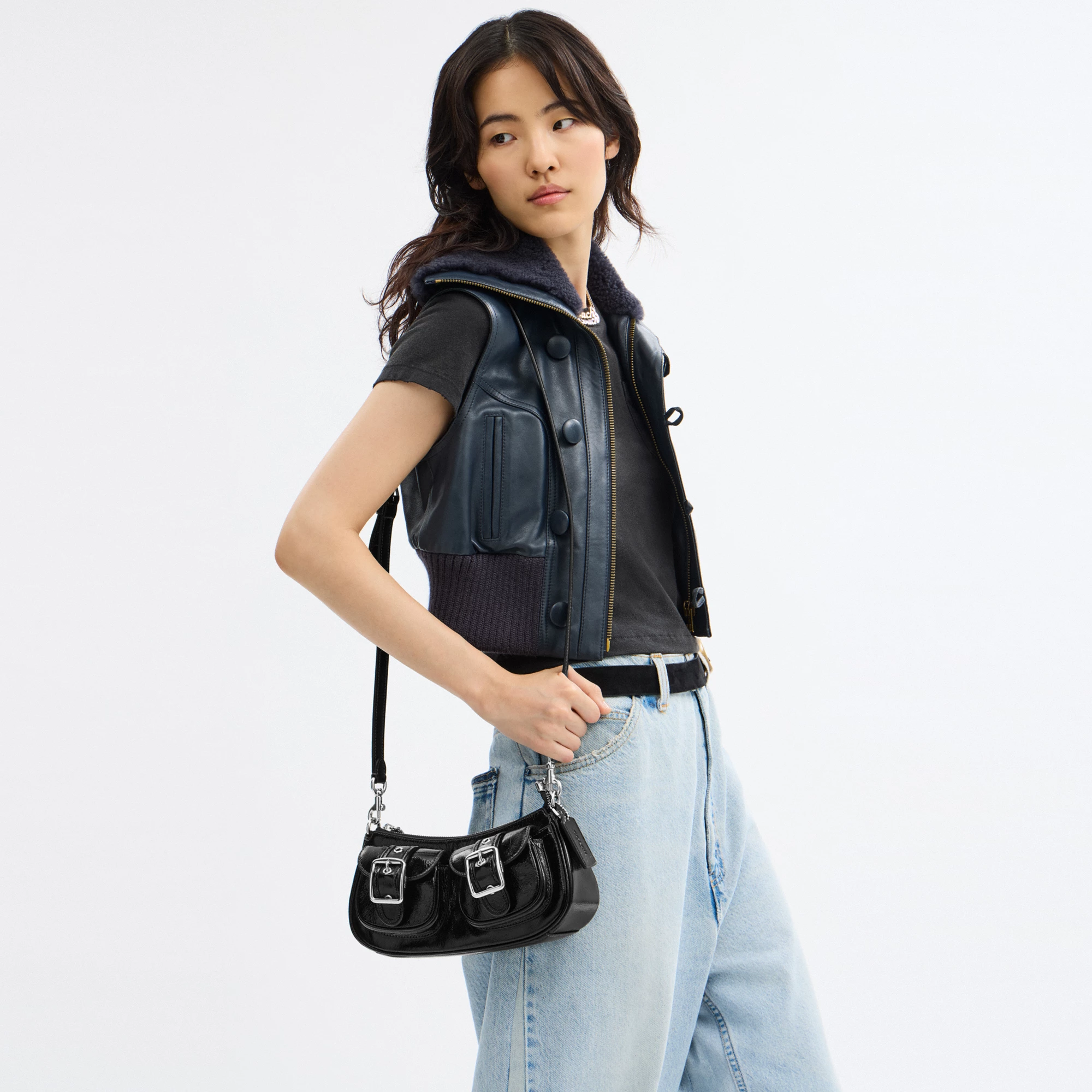 COACH®,Ashton Bag,Leather,Fabric,Shoulder Bag,Luggage Tag,Compact,Lined,Silver Metal,Day Party,Black,Detail View