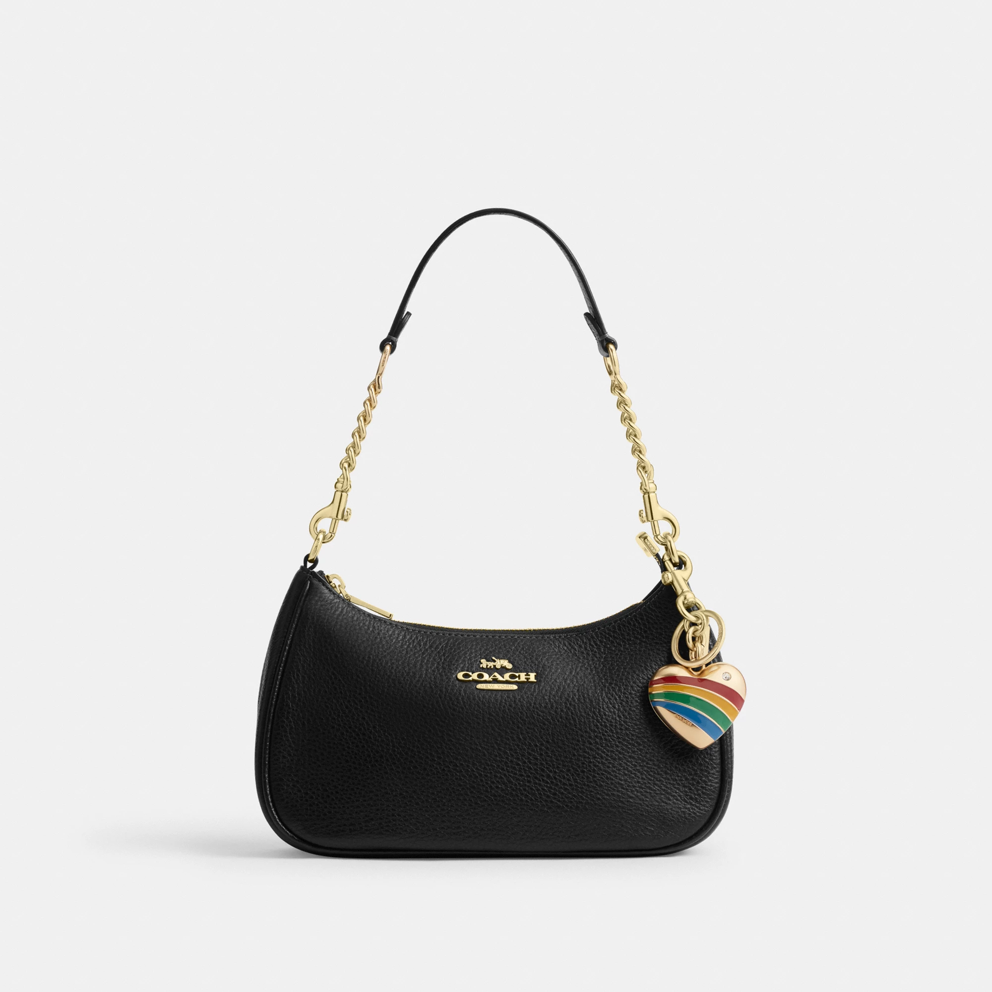 COACH®,Heart Bag Charm,Bag Charm,Logo,Metal,Gem Embellishment,Key Ring,Brass,Day Party,Multi Color,Angle View