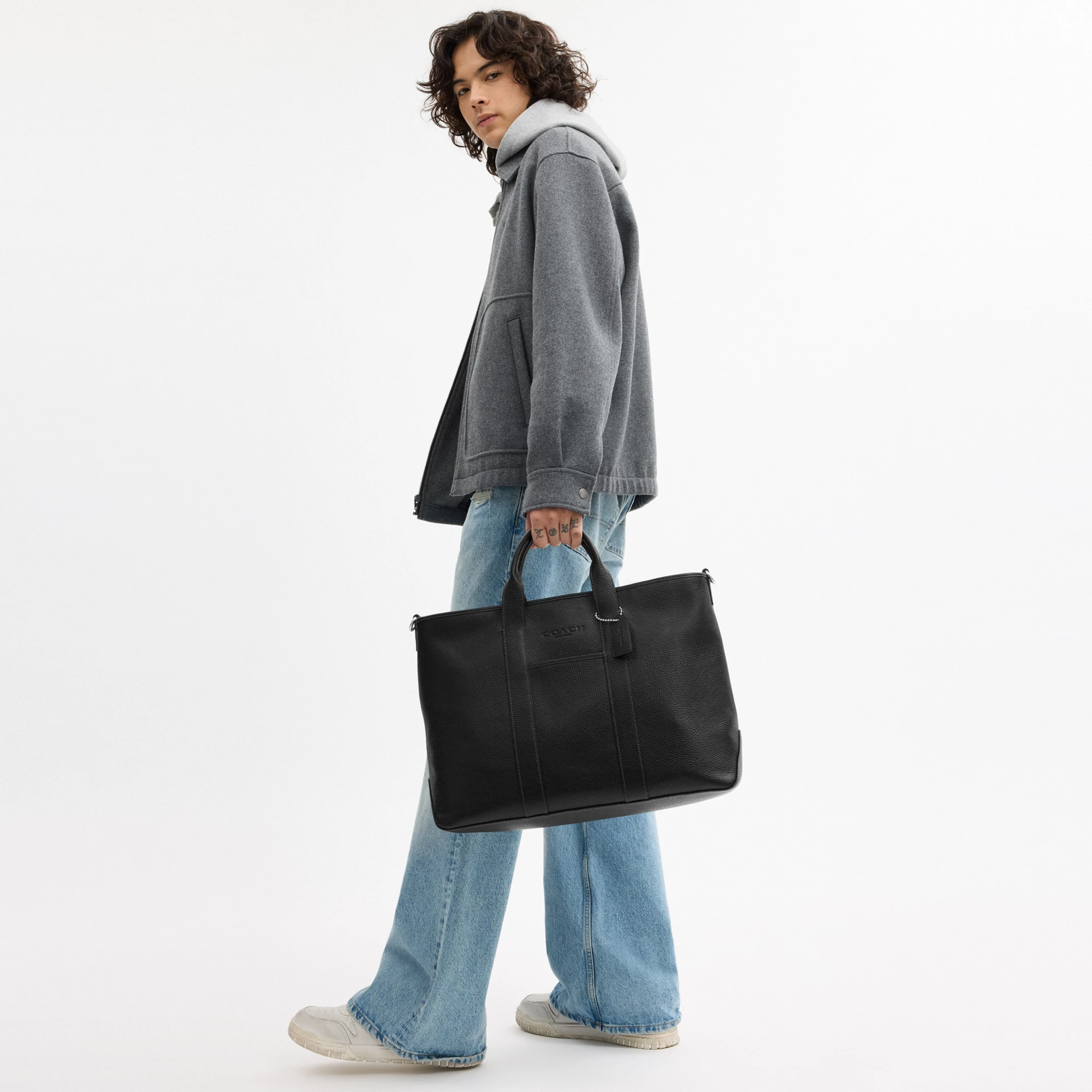 COACH®,Grayson Tote Bag,Leather,Recycled Polyester,Tote,Sustainable,Silver Metal,Work, Father's Day,Black,Detail View
