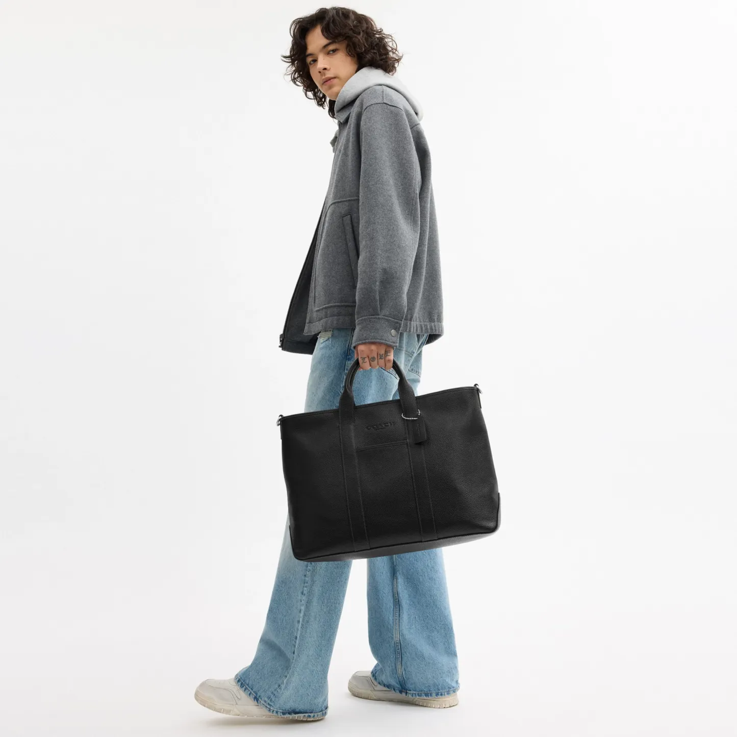 COACH®,Grayson Tote Bag,Leather,Recycled Polyester,Tote,Sustainable,Silver Metal,Work, Father's Day,Black,Detail View