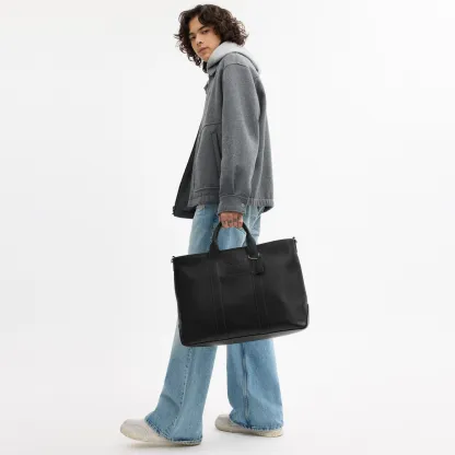COACH®,Grayson Tote Bag,Leather,Recycled Polyester,Tote,Sustainable,Silver Metal,Work, Father's Day,Black,Detail View