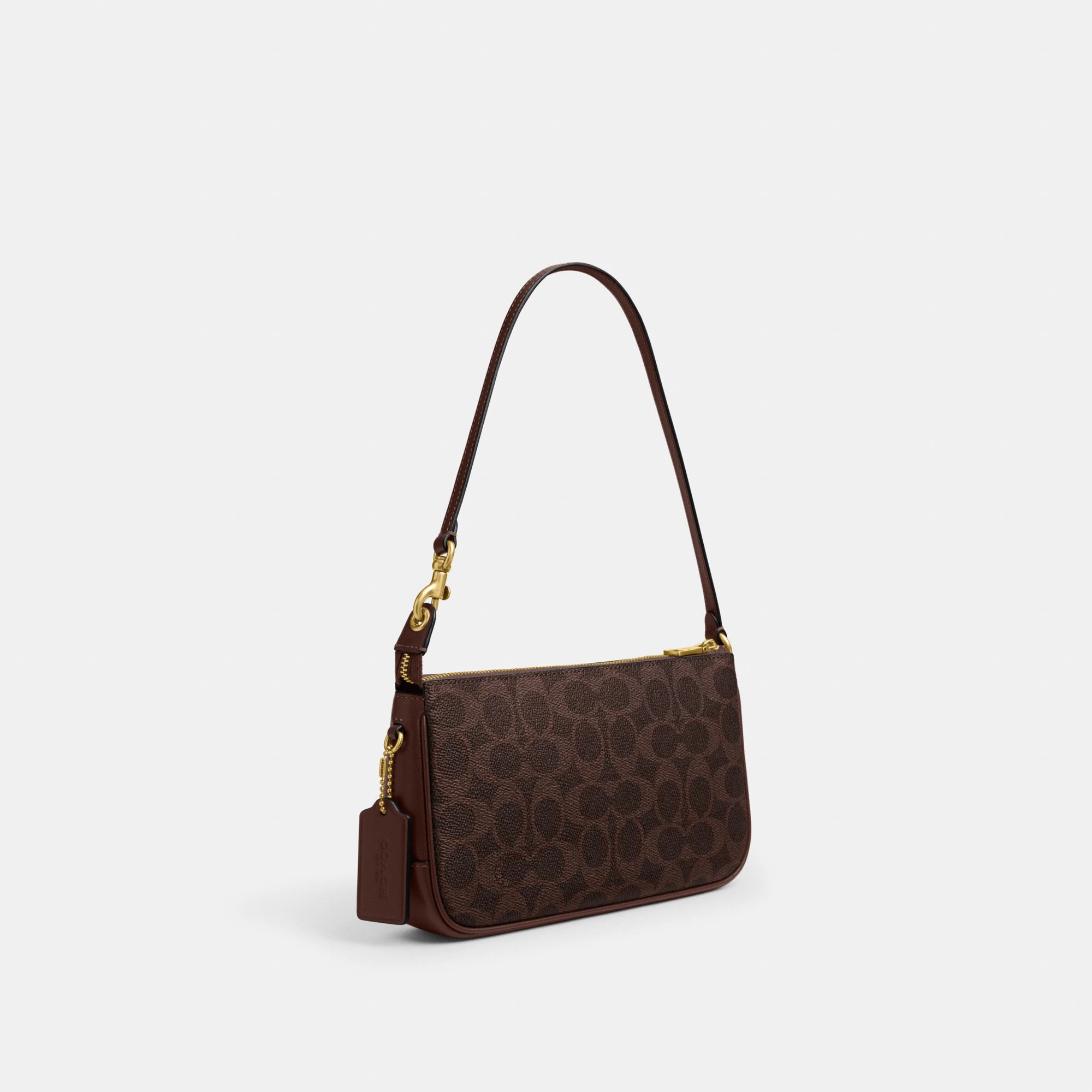 COACH®,Plaza Bag In Signature Canvas,Canvas,Wristlet,Shoulder Bag,Color Block,Pendant,Logo,Lined,Luggage Tag,Compact,Gold ...,Brown,Angle View