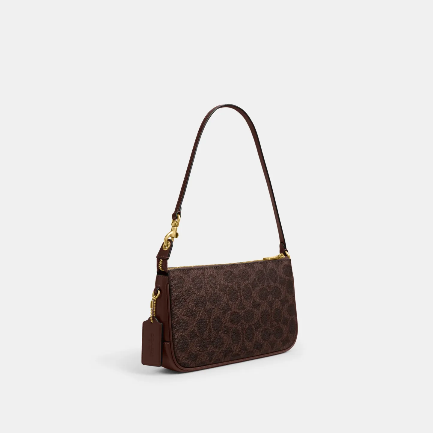 COACH®,Plaza Bag In Signature Canvas,Canvas,Wristlet,Shoulder Bag,Color Block,Pendant,Logo,Lined,Luggage Tag,Compact,Gold ...,Brown,Angle View