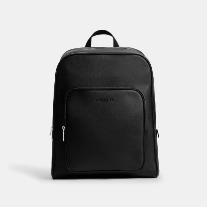 COACH®,Aiden Backpack,Recycled Polyester,Leather,Backpack,Logo,Sustainable,Adjustable,Suitcase Sleeve,Durable Fabric,Silve...,Black,Front View
