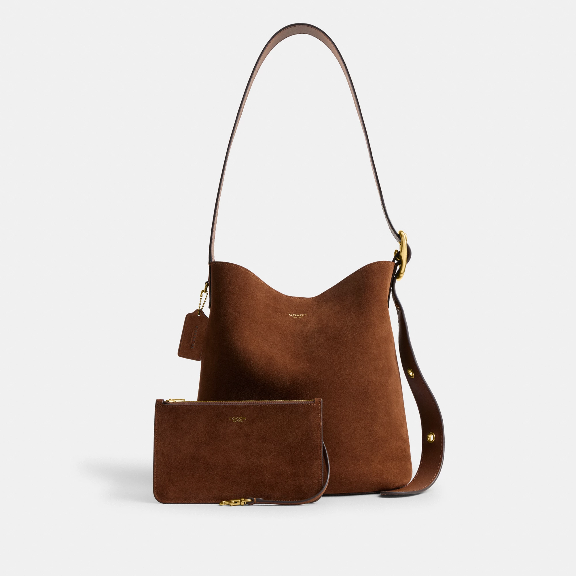 COACH®,Bleecker Bucket Bag,Leather,Suede,Bucket,Hobo,Embellished,Lined,Adjustable,Gold Metal,Casual,Brown,Angle View