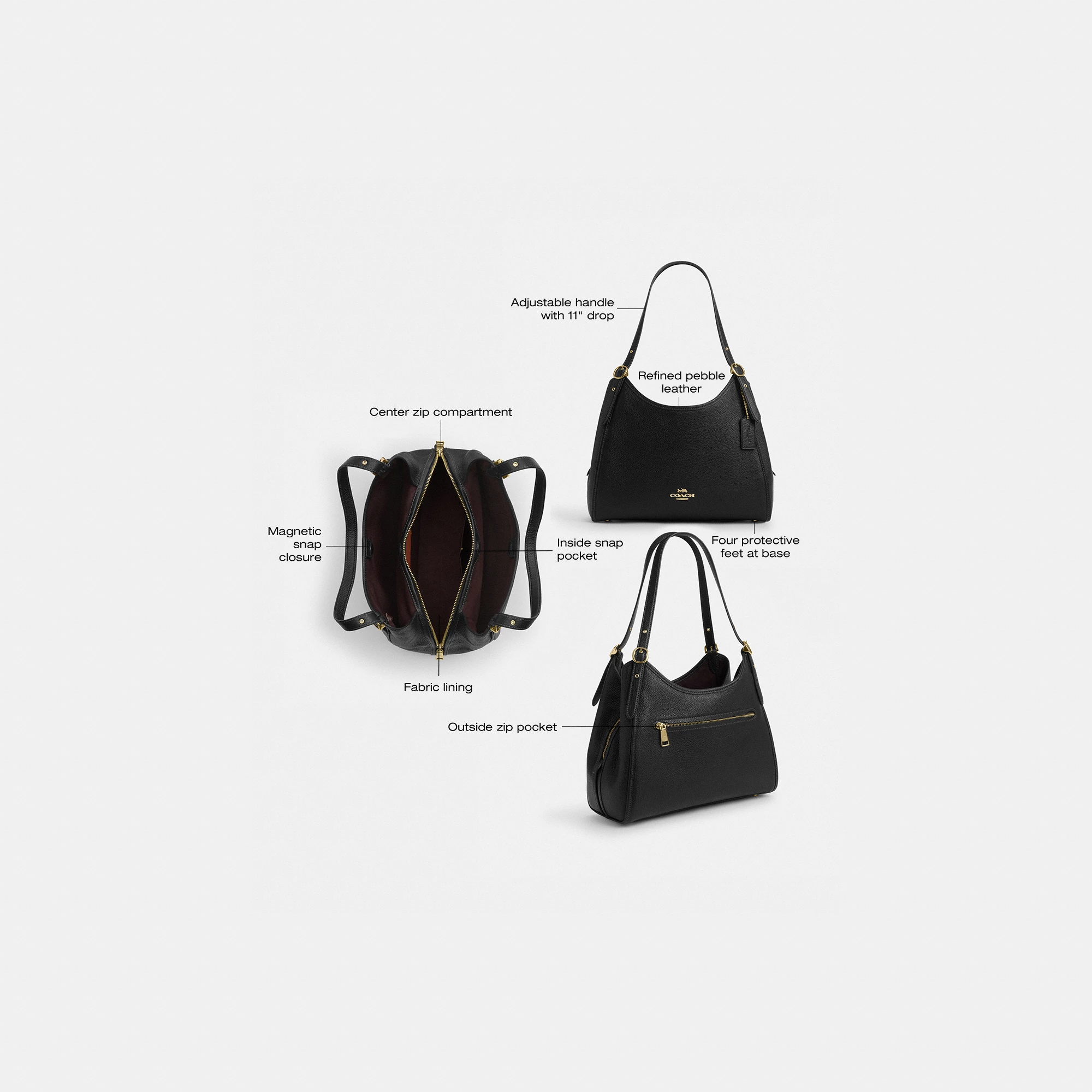 COACH®,Erin Shoulder Bag,Leather,Shoulder Bag,Logo,Gold Metal,Casual,Black