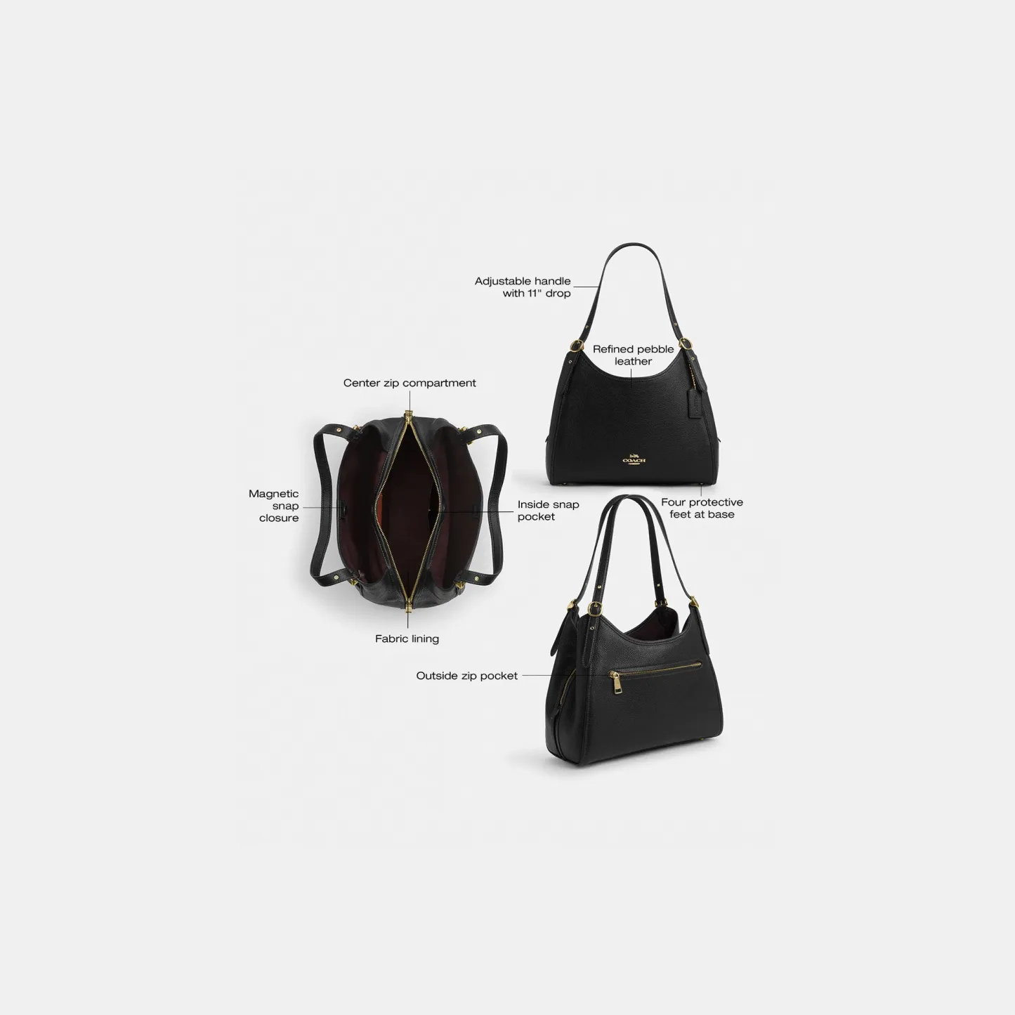 COACH®,Erin Shoulder Bag,Leather,Shoulder Bag,Logo,Gold Metal,Casual,Black