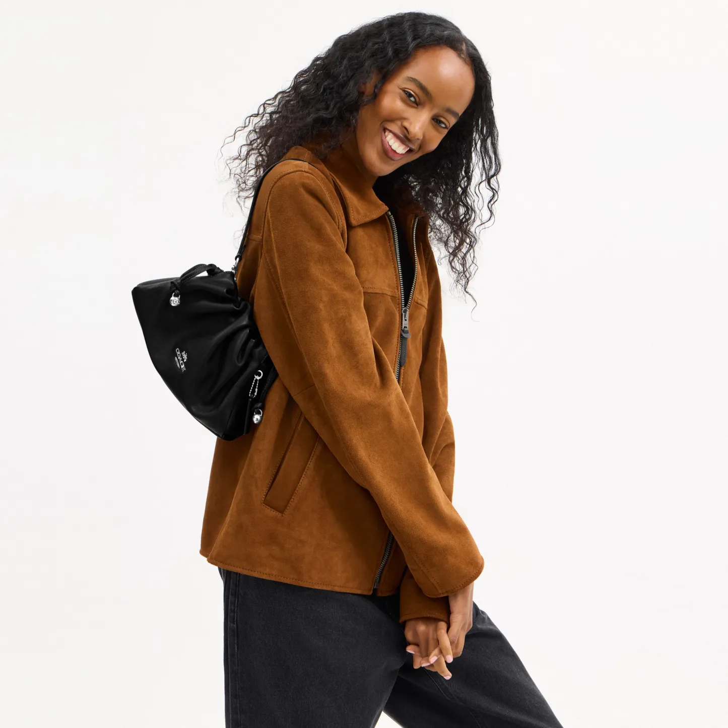 COACH®,Faye Shoulder Bag,Shoulder Bag,Metal,Ball Embellishment,Drawstring,Logo,Casual,Black,Detail View