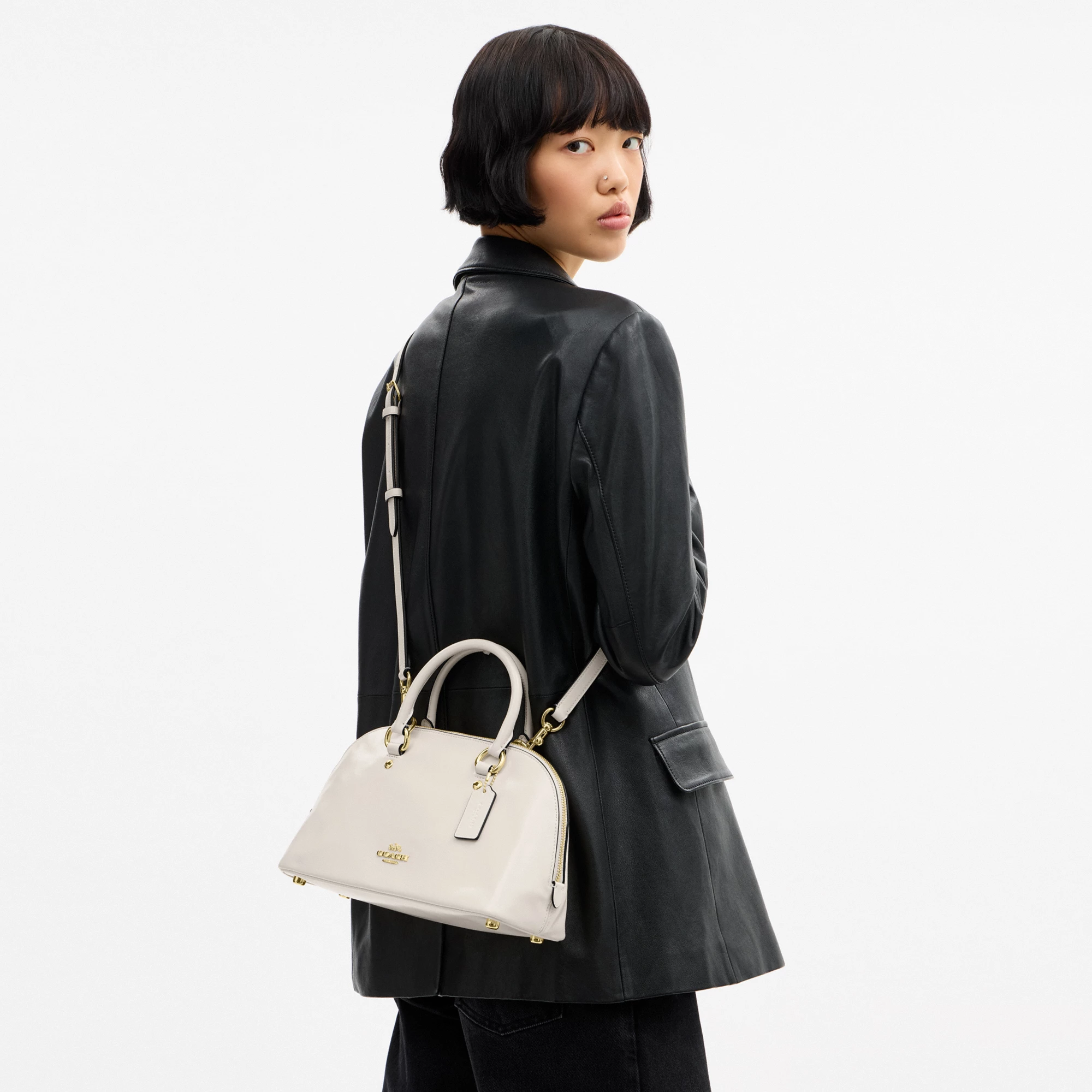 COACH®,Lara Satchel Bag,Recycled Polyester,Satchel,Logo,Metal,Casual,Cream