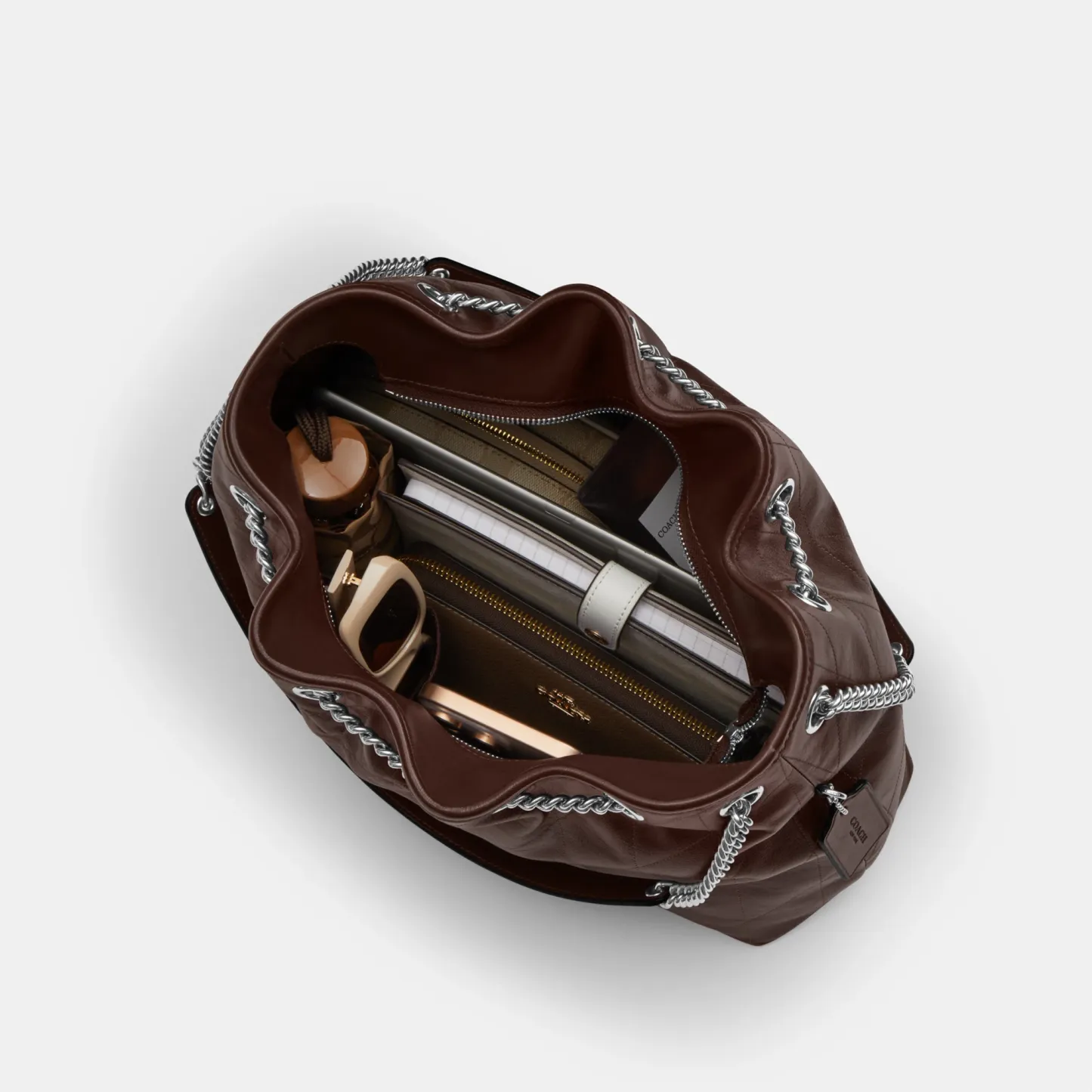 COACH®,Evelyn Shoulder Bag With Quilting,Leather,Bucket,Metal,Logo,Gold Metal,Day Party,Brown,Inside View,Top View