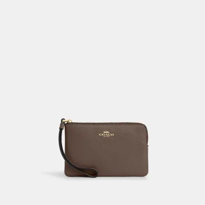 COACH®,Corner Zip Wristlet,Pouch,Wristlet,Silver Metal,Casual,Brown,Front View
