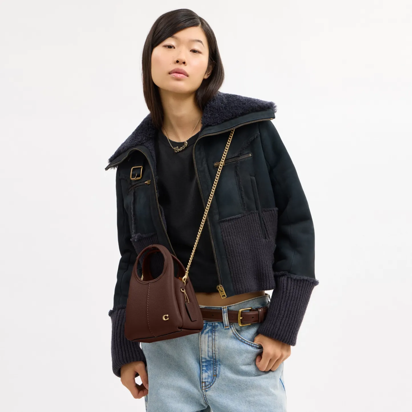 COACH®,Lana Shoulder Bag 19,Leather,Crossbody,Metal,Logo,Shoulder Guard,Brass,Casual,Brown,Detail View
