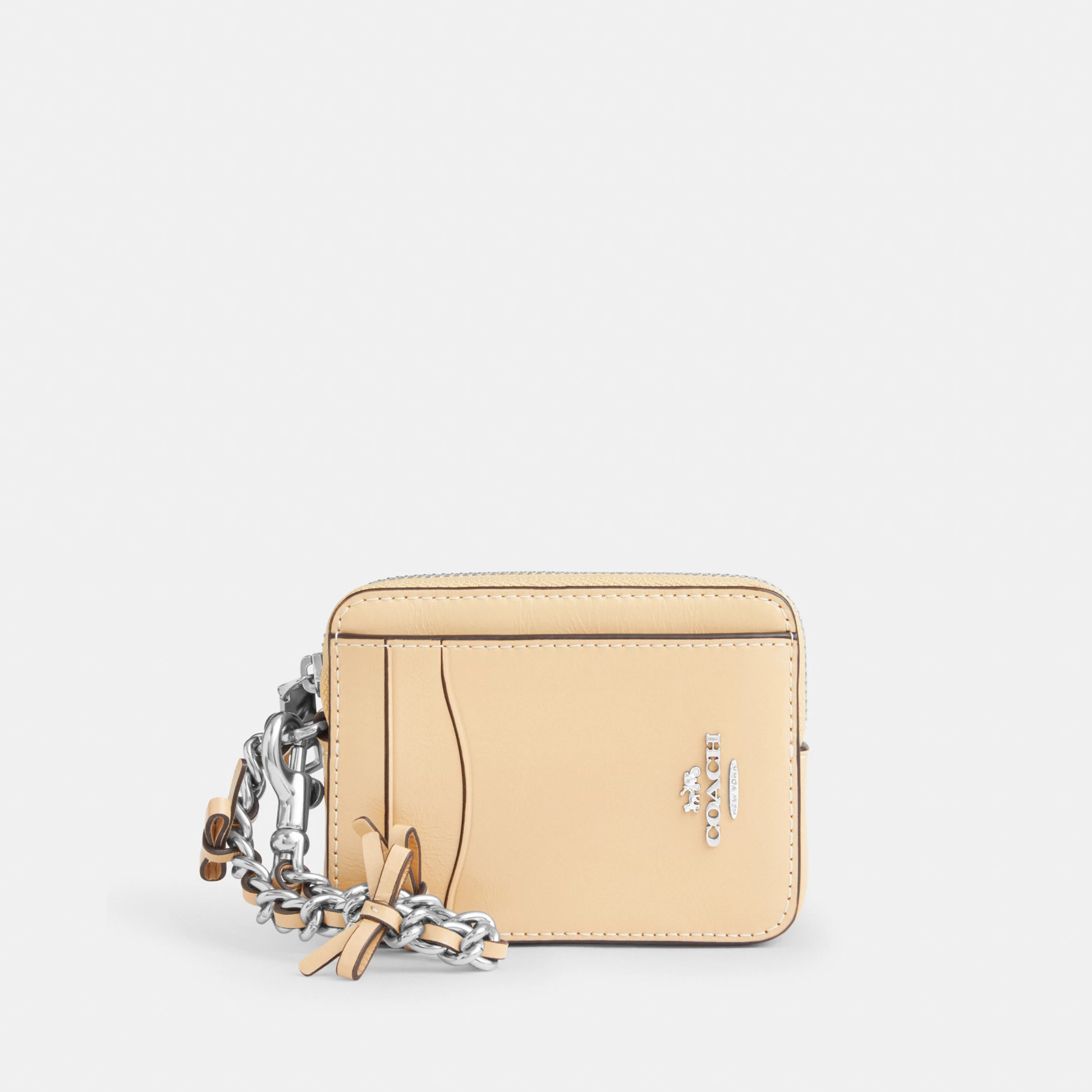 COACH®,Zip Card Case With Bows,Leather,Card Case,Metal Material,Logo,Bow,Key Ring,Silver Metal,Casual,Cream,Front View