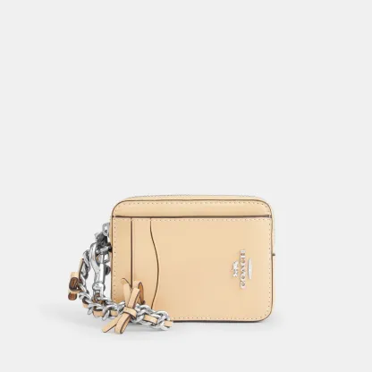 COACH®,Zip Card Case With Bows,Leather,Card Case,Metal Material,Logo,Bow,Key Ring,Silver Metal,Casual,Cream,Front View