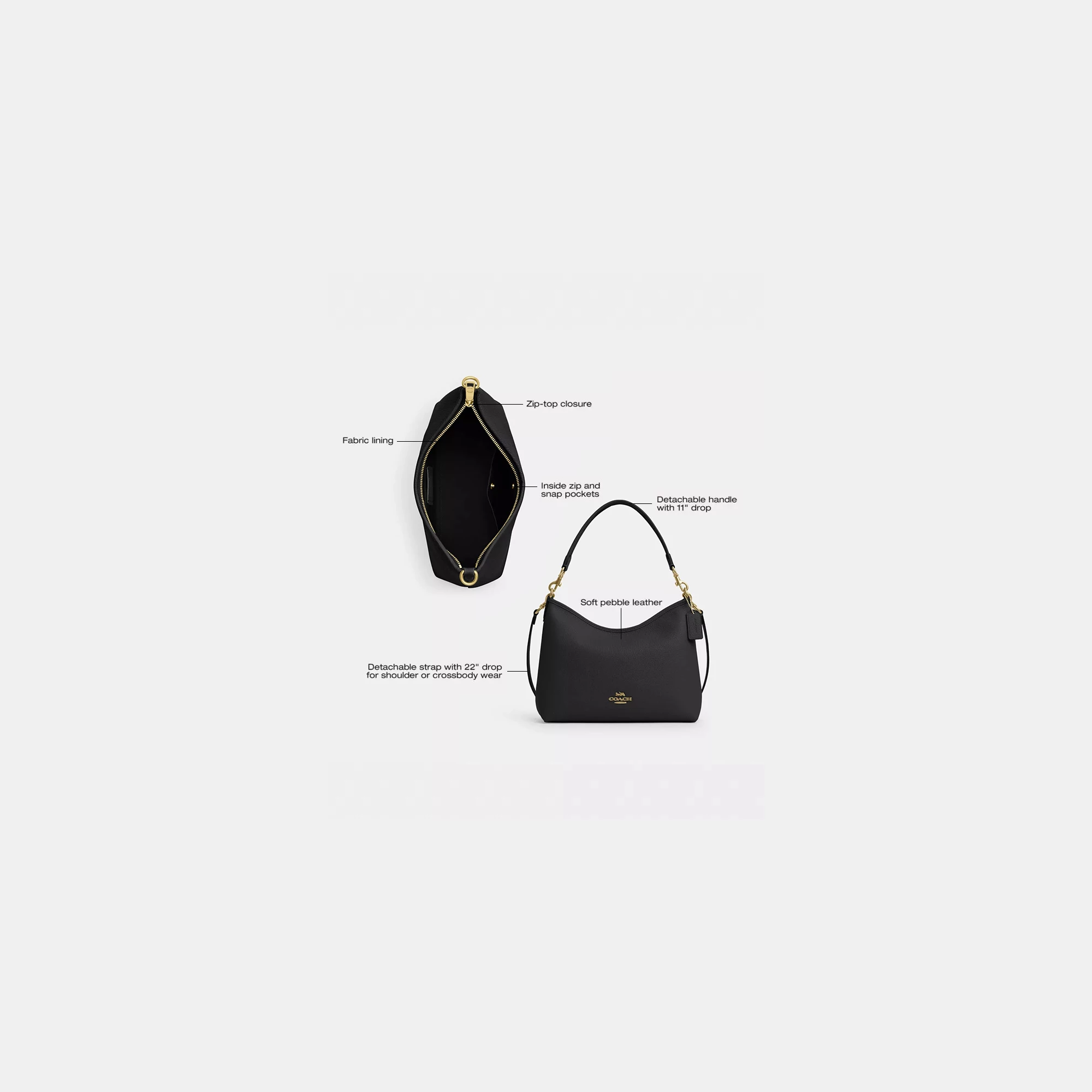 COACH®,Laurel Shoulder Bag,Leather,Hobo,Logo,Gold Metal,Casual,Black