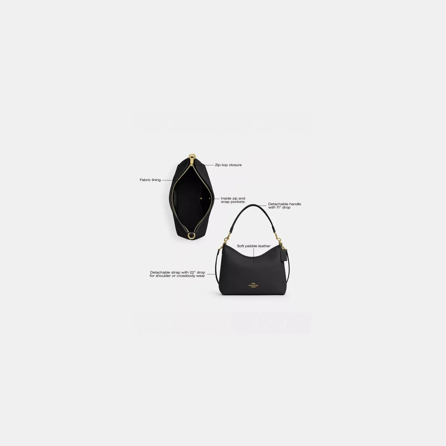 COACH®,Laurel Shoulder Bag,Leather,Hobo,Logo,Gold Metal,Casual,Black