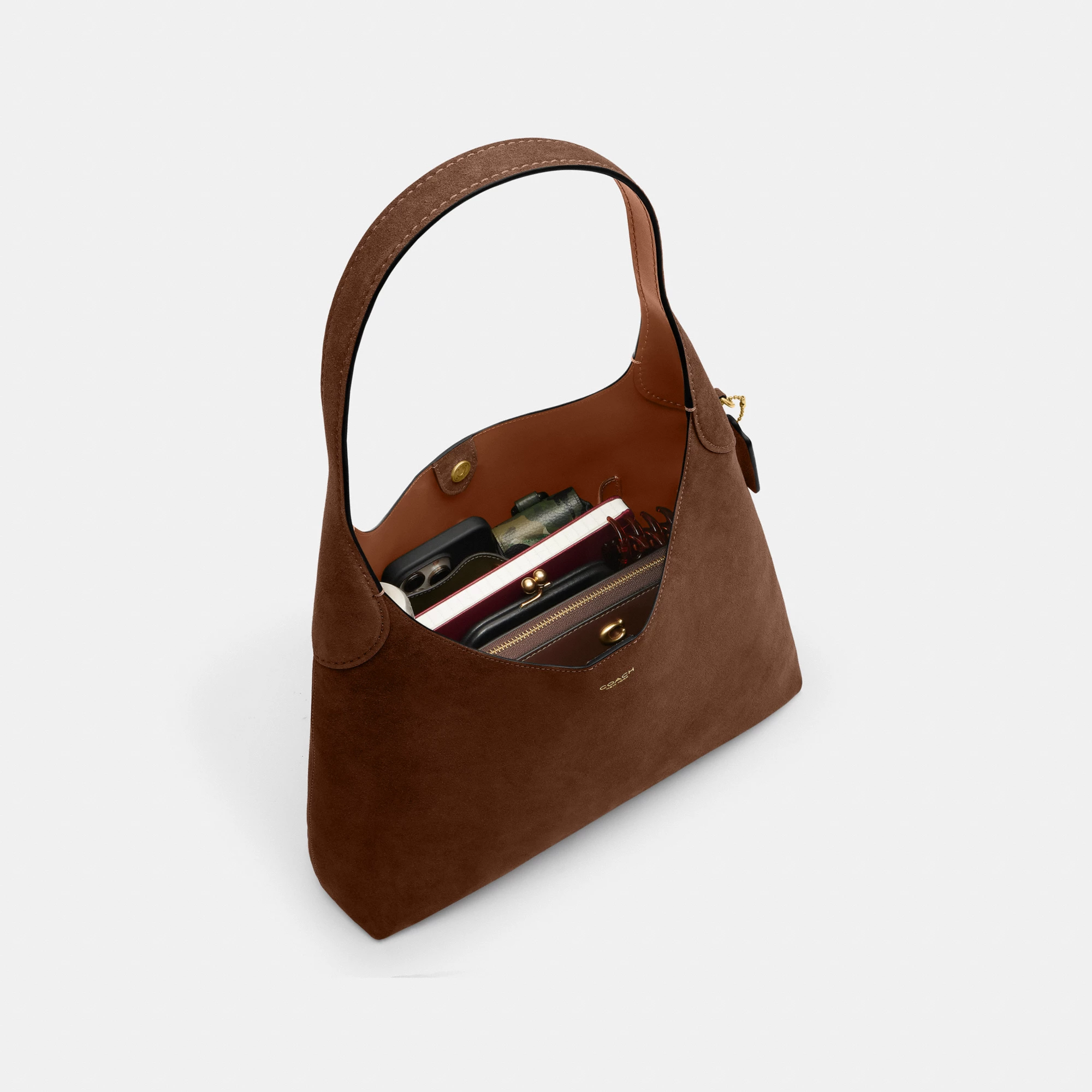 COACH®,Brooklyn Shoulder Bag 34,Suede,Hobo,Brass,Casual,Brown,Inside View,Top View