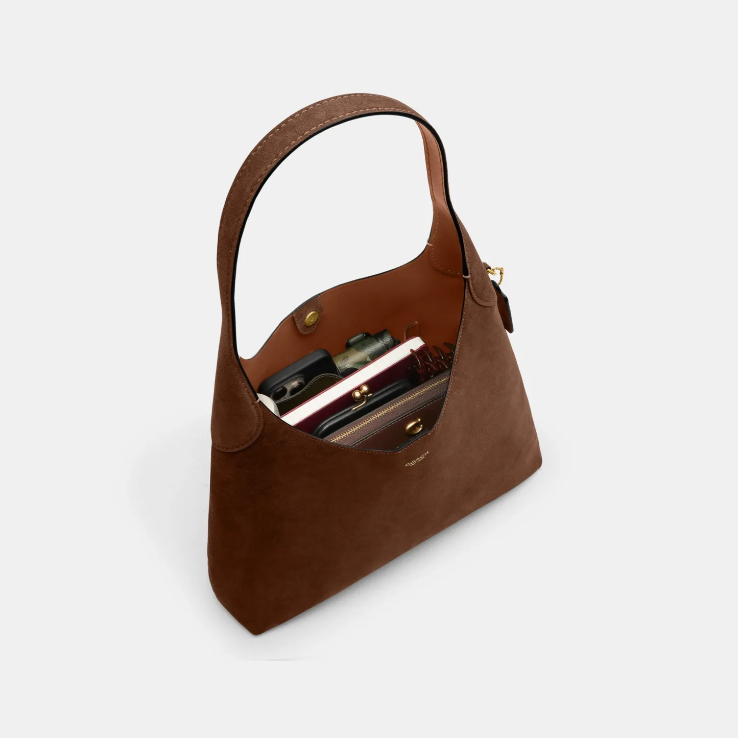 COACH®,Brooklyn Shoulder Bag 34,Suede,Hobo,Brass,Casual,Brown,Inside View,Top View