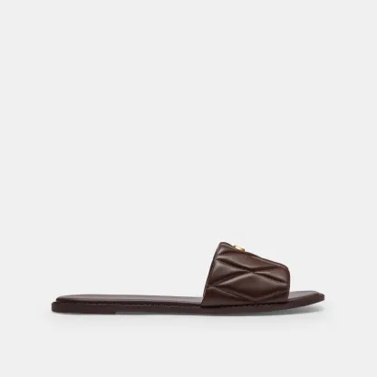 COACH®,Holly Sandal With Quilting,Rubber,Leather,Slides,Metal,Logo,Traction,Cushioned,Casual,Brown,Angle View