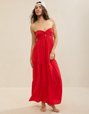 Aerie Strapless Cut Out Maxi Dress - Chilly Red