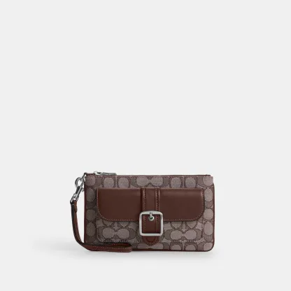 COACH®,Ashton Wristlet In Signature Jacquard,Recycled Polyester,Lining Recycled Polyester,Pouch,Wristlet,Color Block,Lette...,Brown,Front View