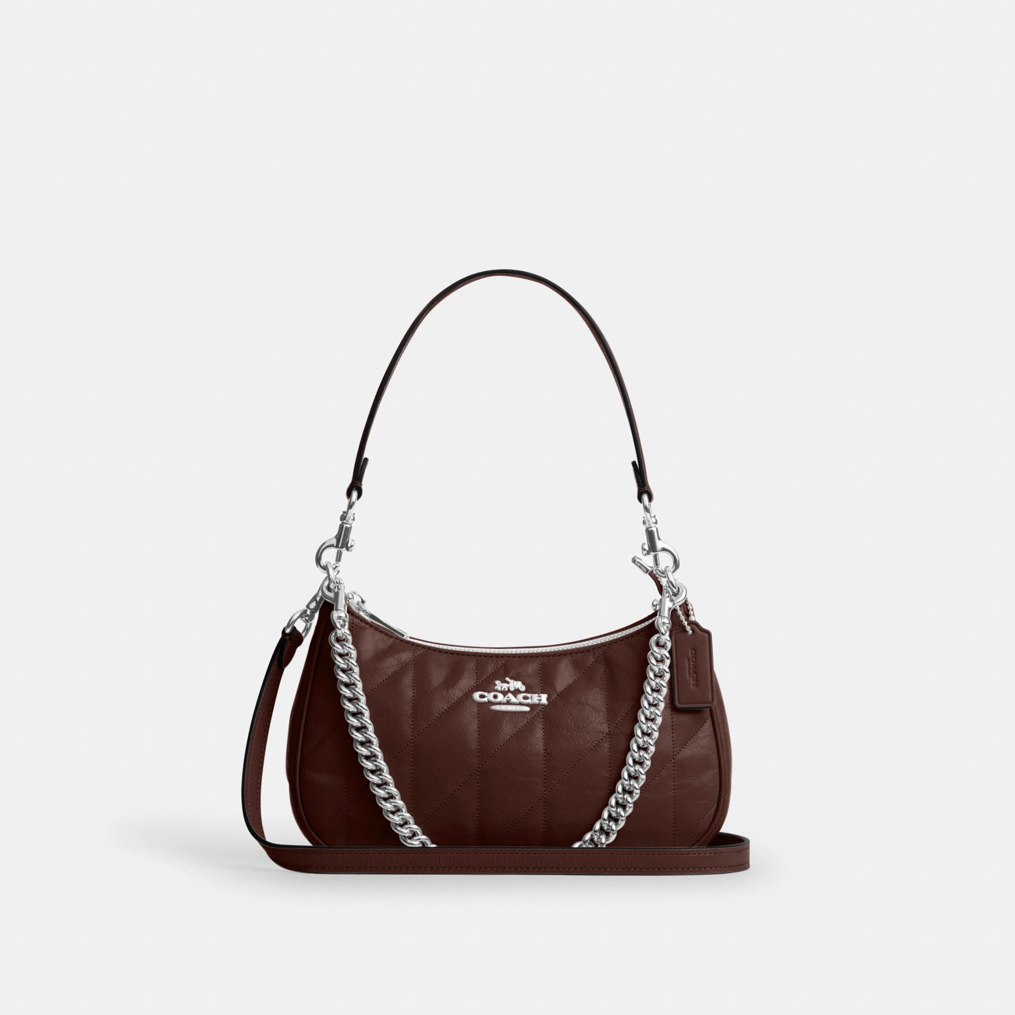 COACH®,Teri Shoulder Bag With Quilting,Recycled Polyester,Leather,Shoulder Bag,Metal,Logo,Silver Metal,Casual,Brown,Front View