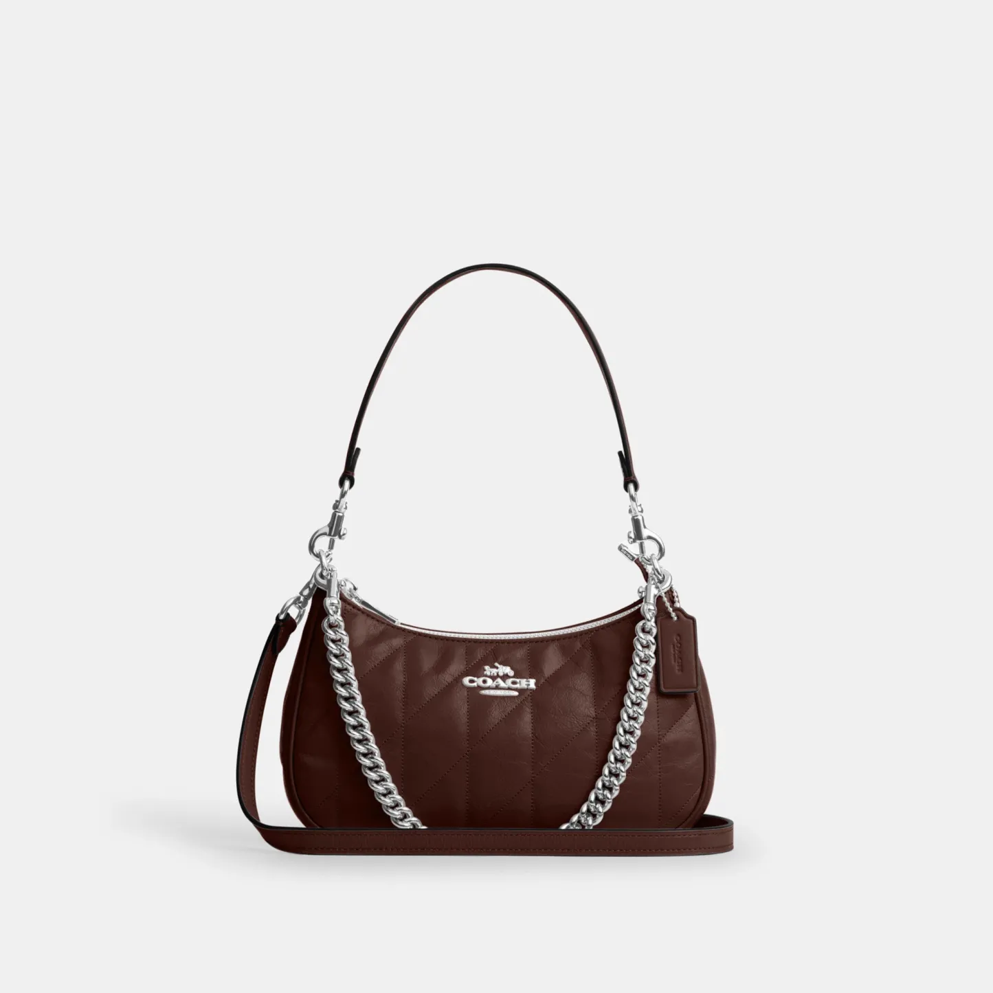 COACH®,Teri Shoulder Bag With Quilting,Recycled Polyester,Leather,Shoulder Bag,Metal,Logo,Silver Metal,Casual,Brown,Front View