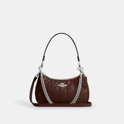 COACH®,Teri Shoulder Bag With Quilting,Recycled Polyester,Leather,Shoulder Bag,Metal,Logo,Silver Metal,Casual,Brown,Front View