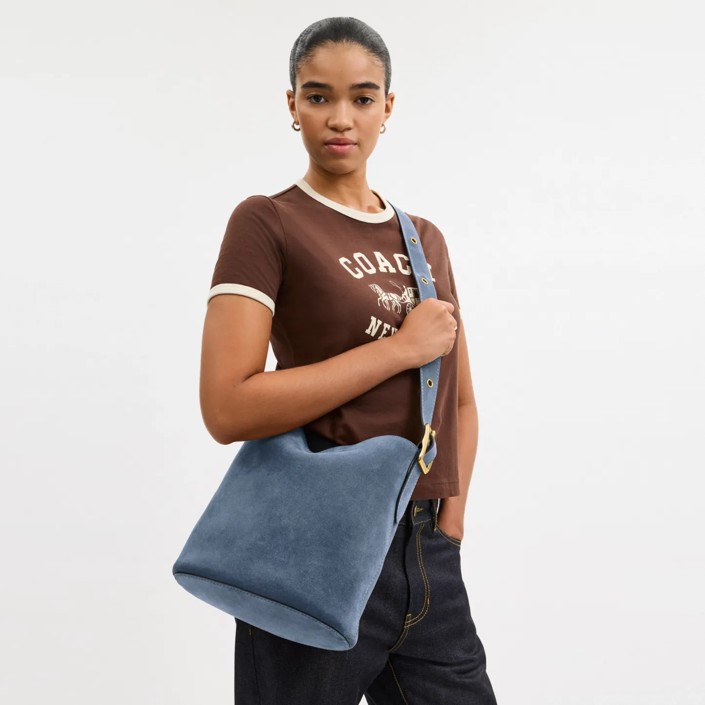 COACH®,Bleecker Bucket Bag,Leather,Suede,Bucket,Hobo,Embellished,Lined,Adjustable,Gold Metal,Casual,Navy,Detail View