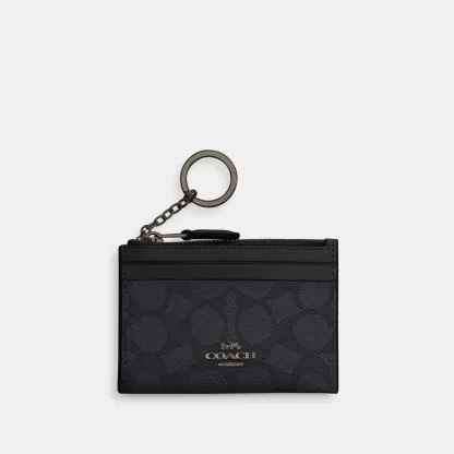 COACH®,Mini Skinny Id Case In Signature Canvas,Card Case,Metal,Color Block,Logo,Sustainable,Key Ring,Casual,Black,Front View