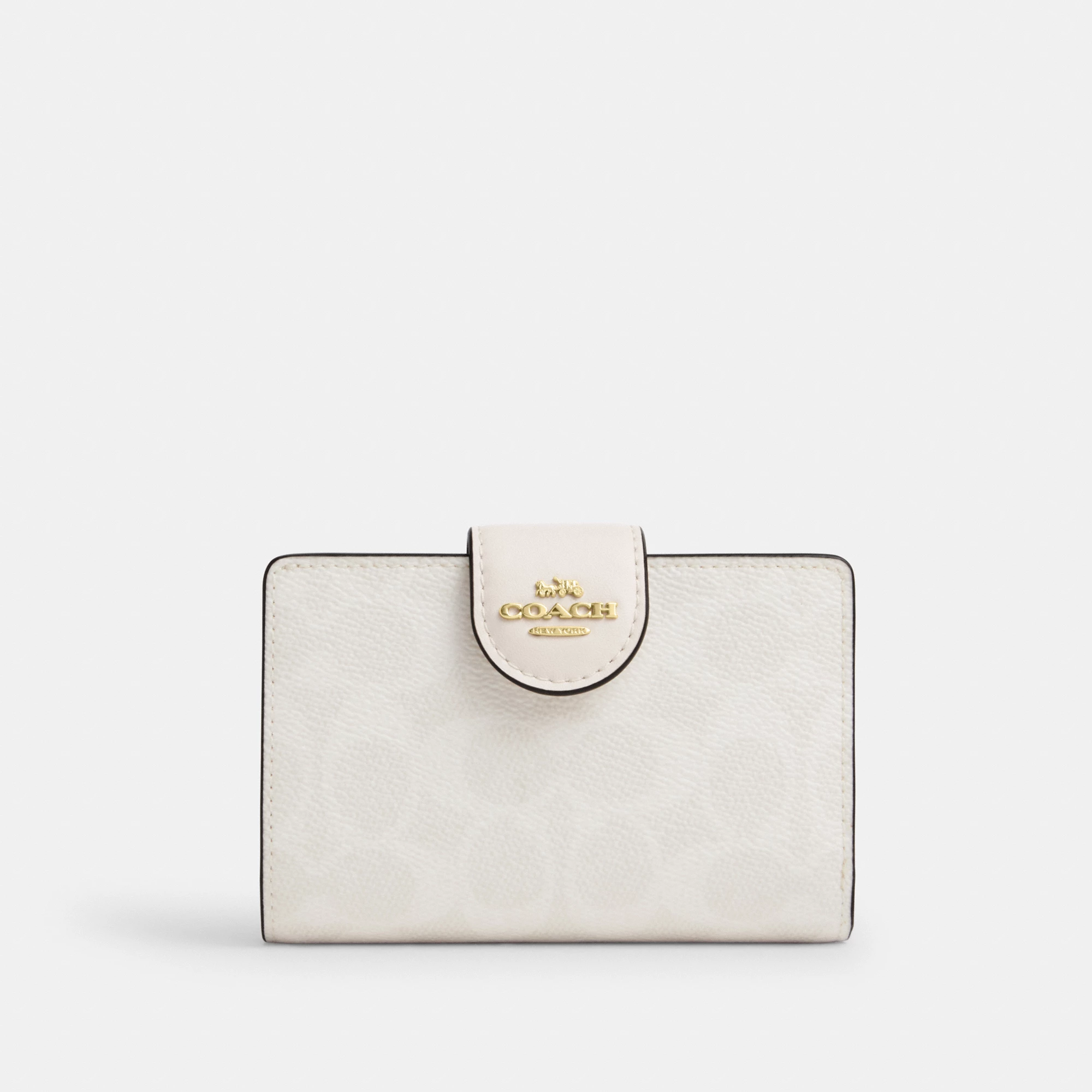 COACH®,Medium Corner Zip Wallet In Signature Canvas,Bi Fold,Coin,Sustainable,Casual,White,Front View
