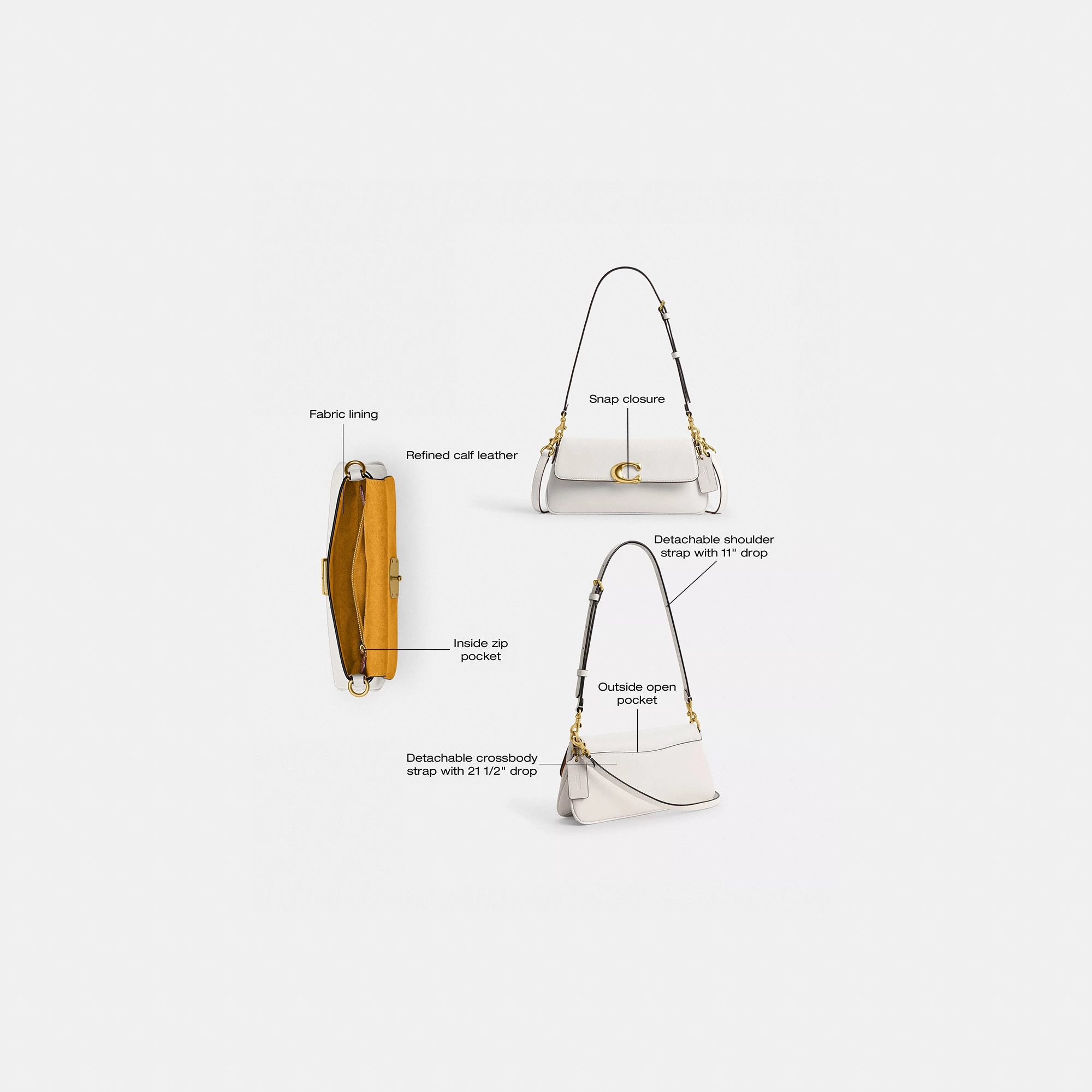 COACH®,Jet Shoulder Bag,Calfskin Leather,Shoulder Bag,Logo,Metal,Gold Metal,Casual,White