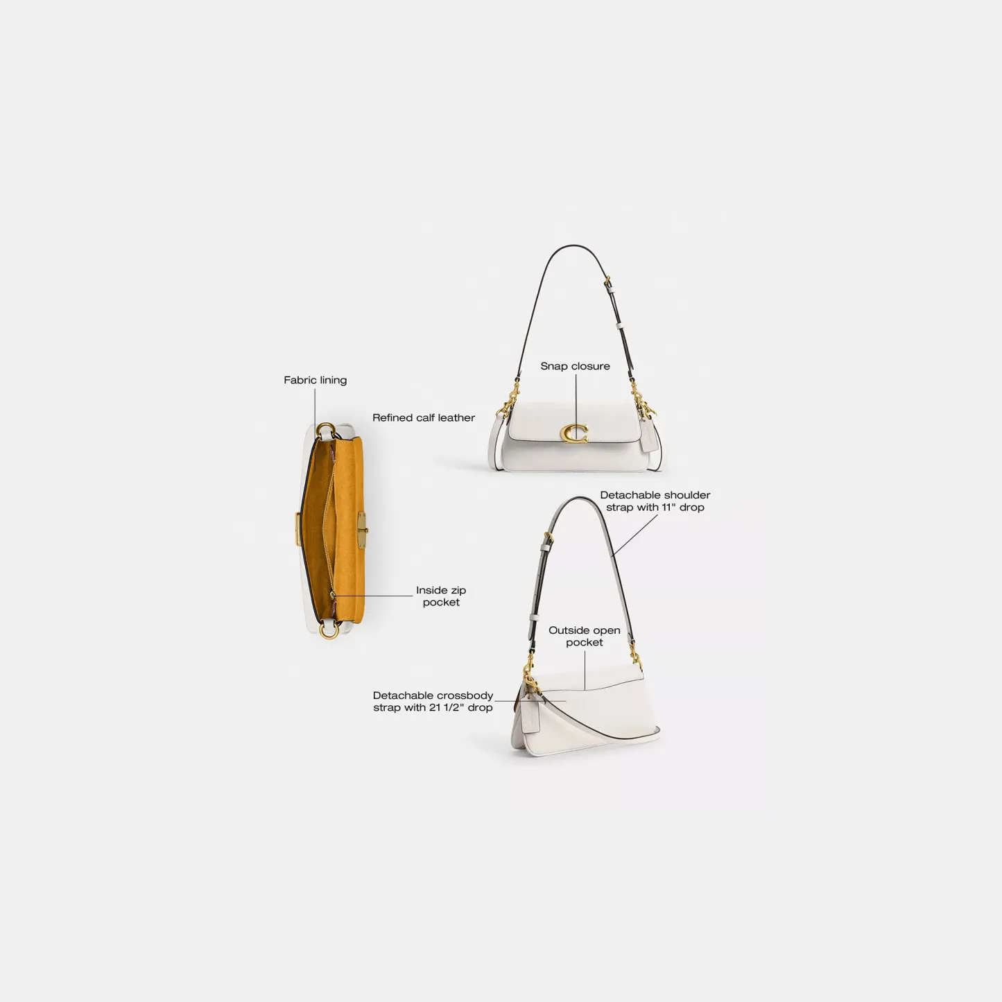 COACH®,Jet Shoulder Bag,Calfskin Leather,Shoulder Bag,Logo,Metal,Gold Metal,Casual,White