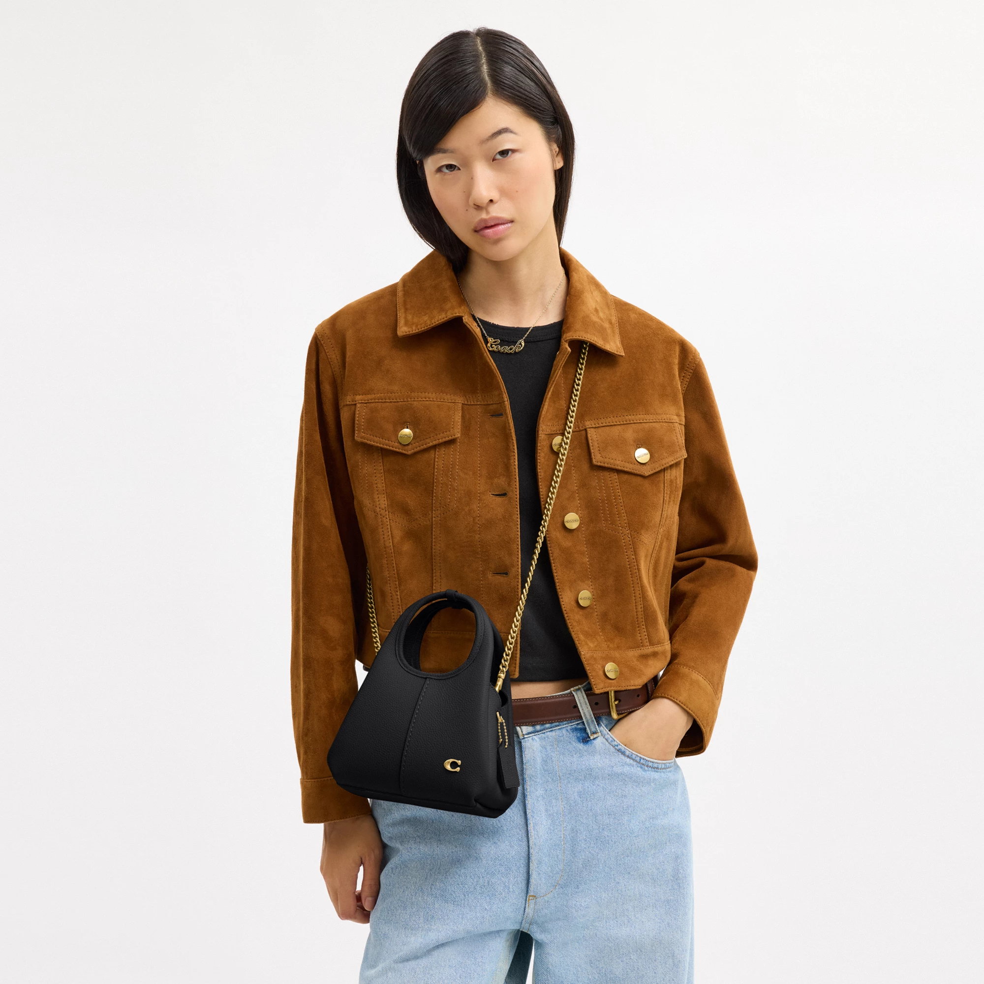 COACH®,Lana Shoulder Bag 19,Leather,Crossbody,Metal,Logo,Shoulder Guard,Brass,Casual,Black,Detail View