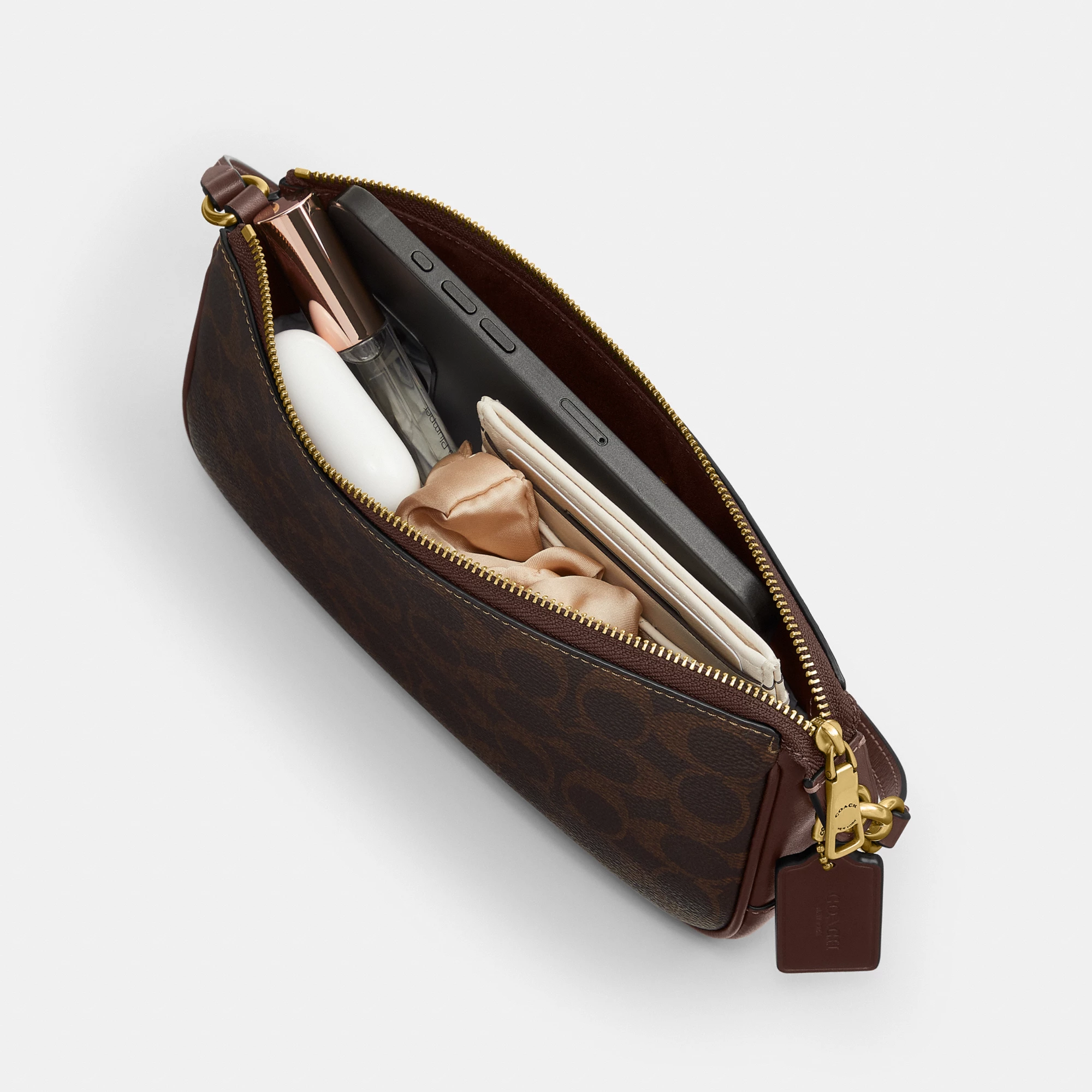 COACH®,Plaza Bag In Signature Canvas,Canvas,Wristlet,Shoulder Bag,Color Block,Pendant,Logo,Lined,Luggage Tag,Compact,Gold ...,Brown,Inside View,Top View