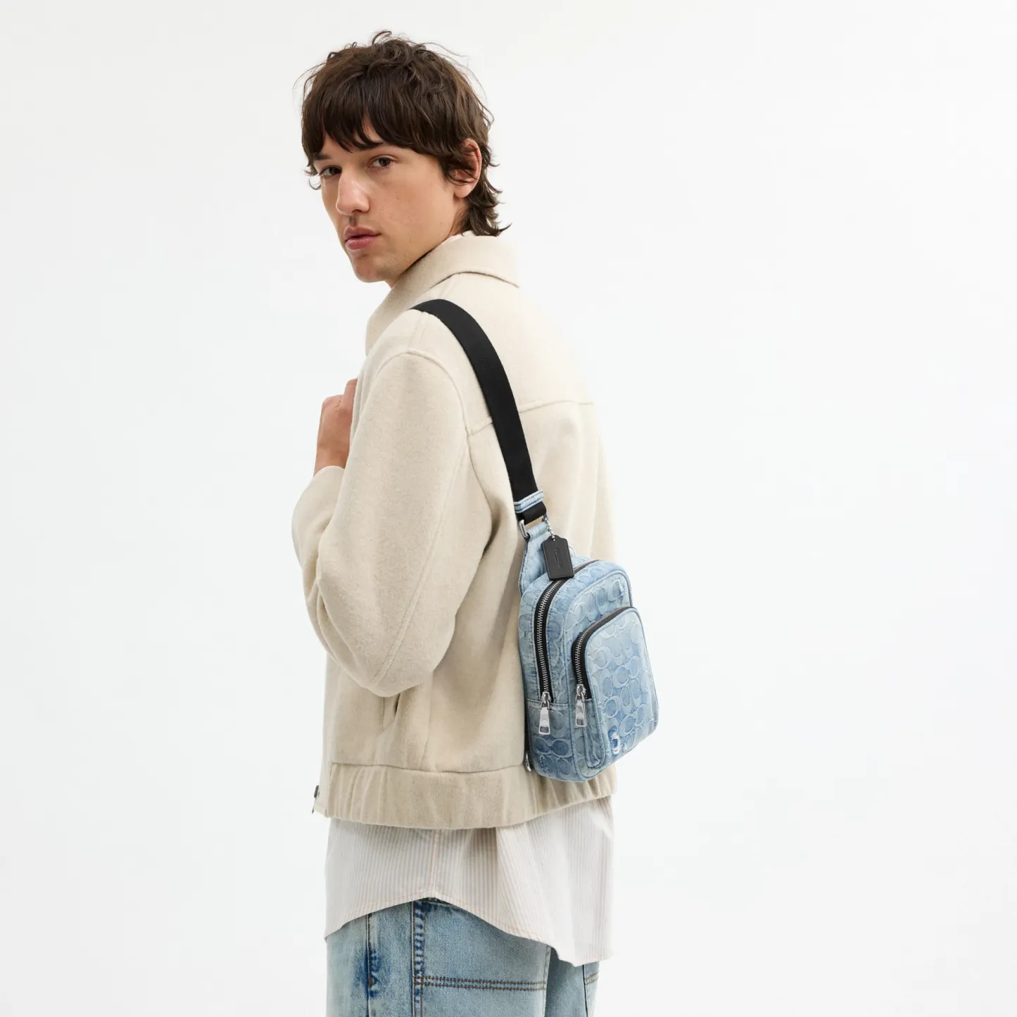 COACH®,Racer Sling Pack In Loved Signature Denim,Cotton,Denim,Leather,Slingback,Adjustable,Sustainable,Silver Metal,Casual...,Blue,Detail View