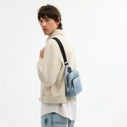 COACH®,Racer Sling Pack In Loved Signature Denim,Cotton,Denim,Leather,Slingback,Adjustable,Sustainable,Silver Metal,Casual...,Blue,Detail View