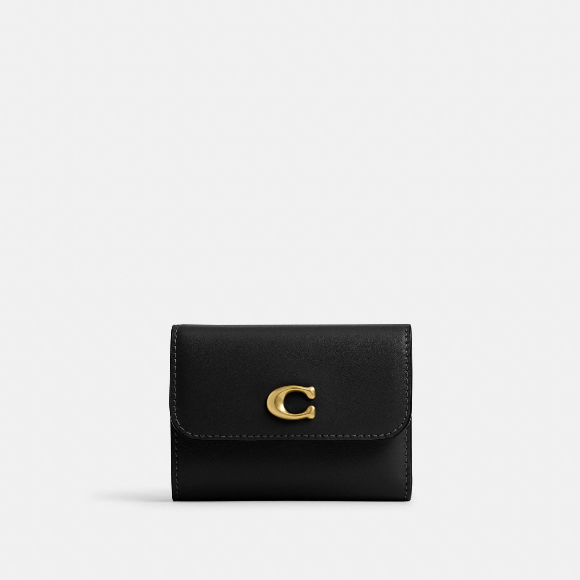 COACH®,Essential Card Holder Wallet,Leather,Calfskin Leather,Card Case,Bi Fold,Logo,Metal,Casual,Black,Front View