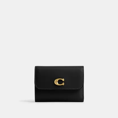 COACH®,Essential Card Holder Wallet,Leather,Calfskin Leather,Card Case,Bi Fold,Logo,Metal,Casual,Black,Front View