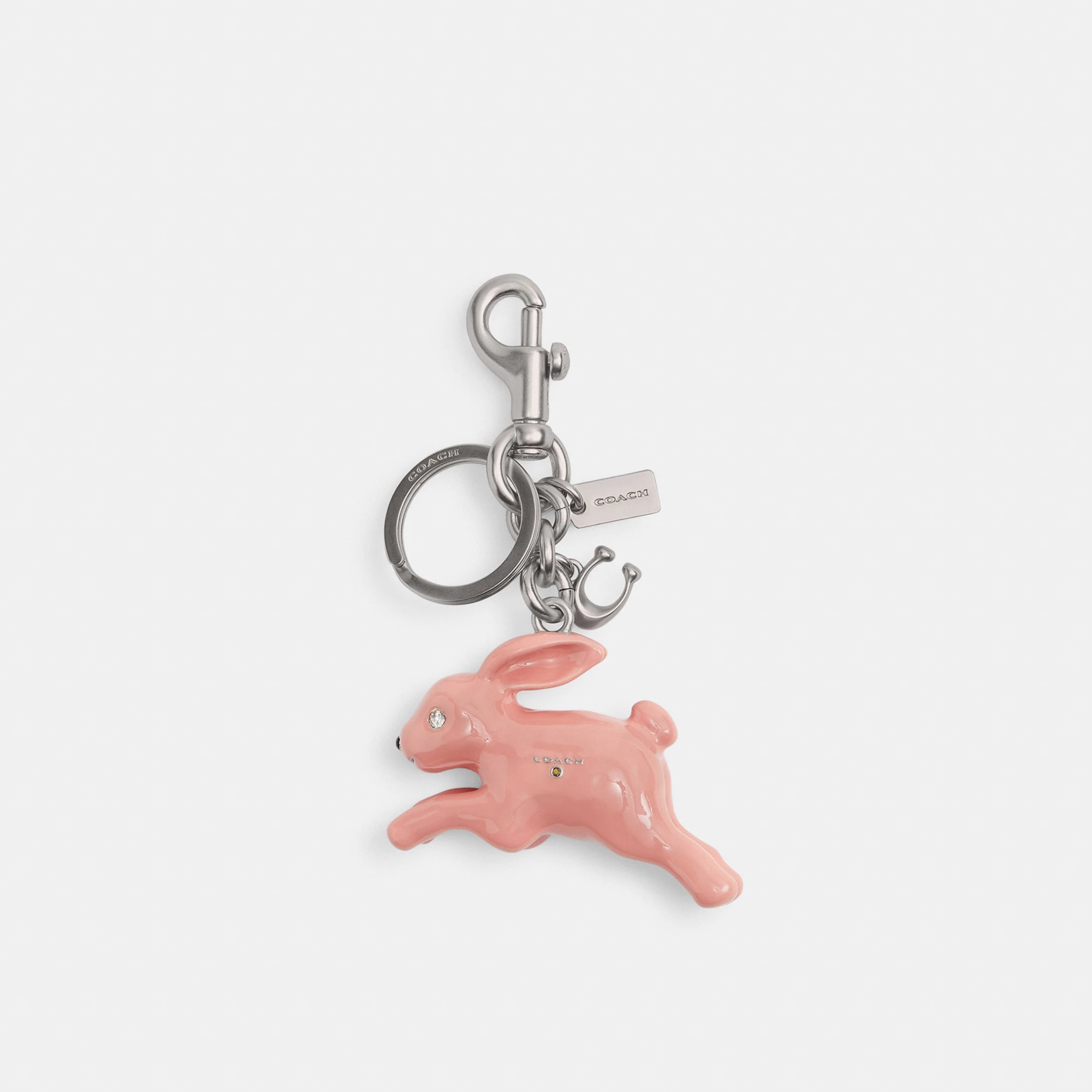 COACH®,Bunny Bag Charm,Bag Charm,Metal Material,Crystal,3D Embellishment,Logo,Metal,Key Ring,Gunmetal,Casual,Blush,Front View