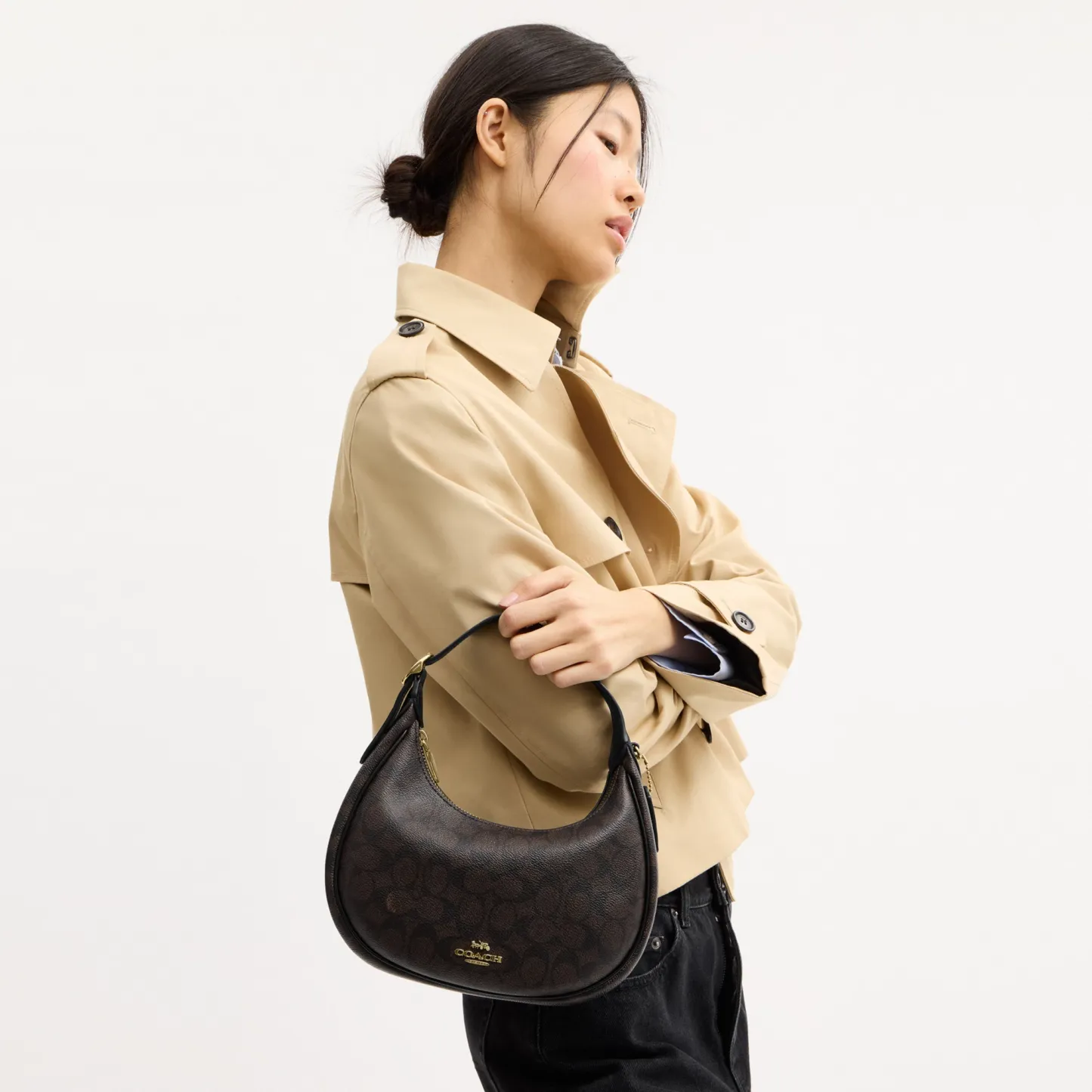 COACH®,Emily Shoulder Bag In Signature Canvas,Leather,Recycled Polyester,Canvas,Shoulder Bag,Metal,Pendant,Piping,Logo,Sus...,Black