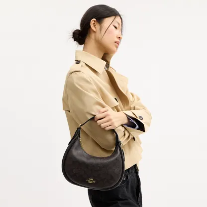 COACH®,Emily Shoulder Bag In Signature Canvas,Leather,Recycled Polyester,Canvas,Shoulder Bag,Metal,Pendant,Piping,Logo,Sus...,Black